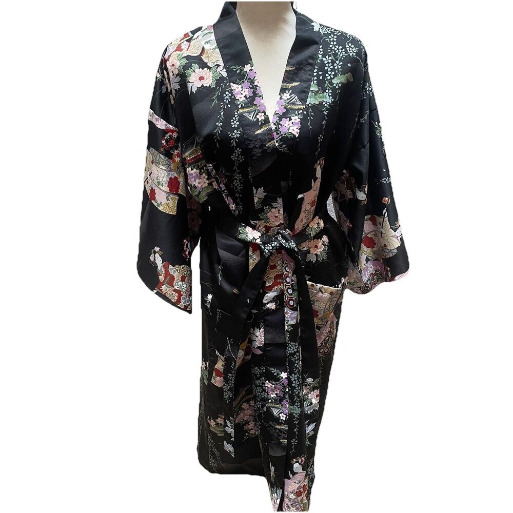 Kyoto Seni Japan Kimono Robe Satin Vintage Floral Geisha Pagoda Boho Coquette OS